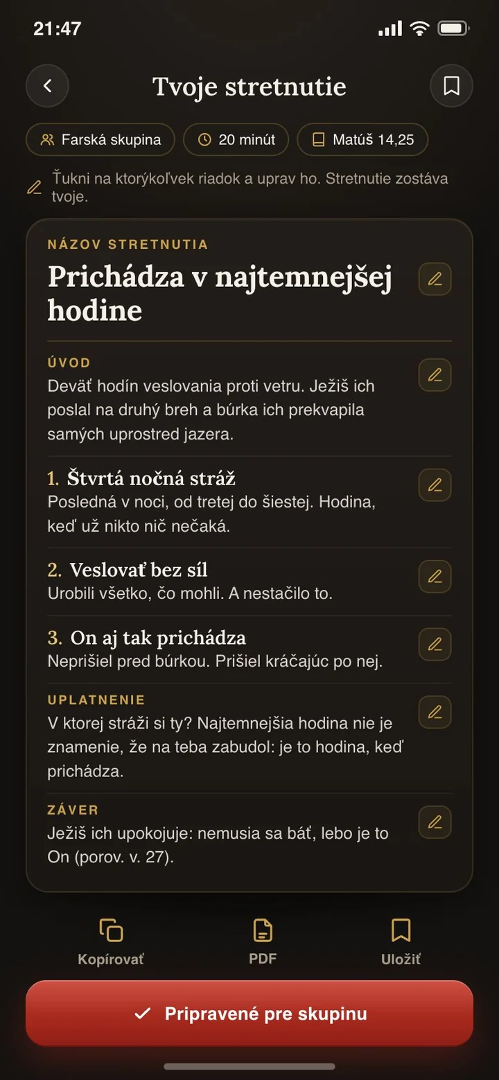 Pripravené stretnutie: názov, úvod, tri body, uplatnenie a záver