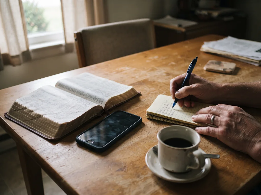 Otvorená Biblia vedľa mobilu ráno
