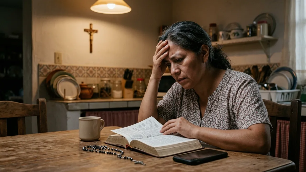 Žena pri kuchynskom stole opäť číta tú istú stranu Biblie bez toho, aby jej rozumela